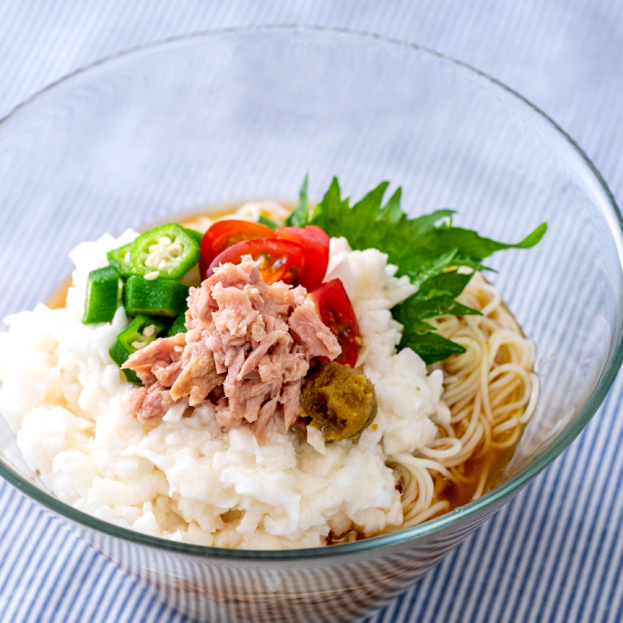 ゆず香るトマトとオクラのとろろそうめん